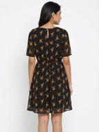Charcoal Bird Print A-line Casual Dress