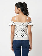 White Polka Dot Off-Shoulder Knotted Top with Lace Trim
