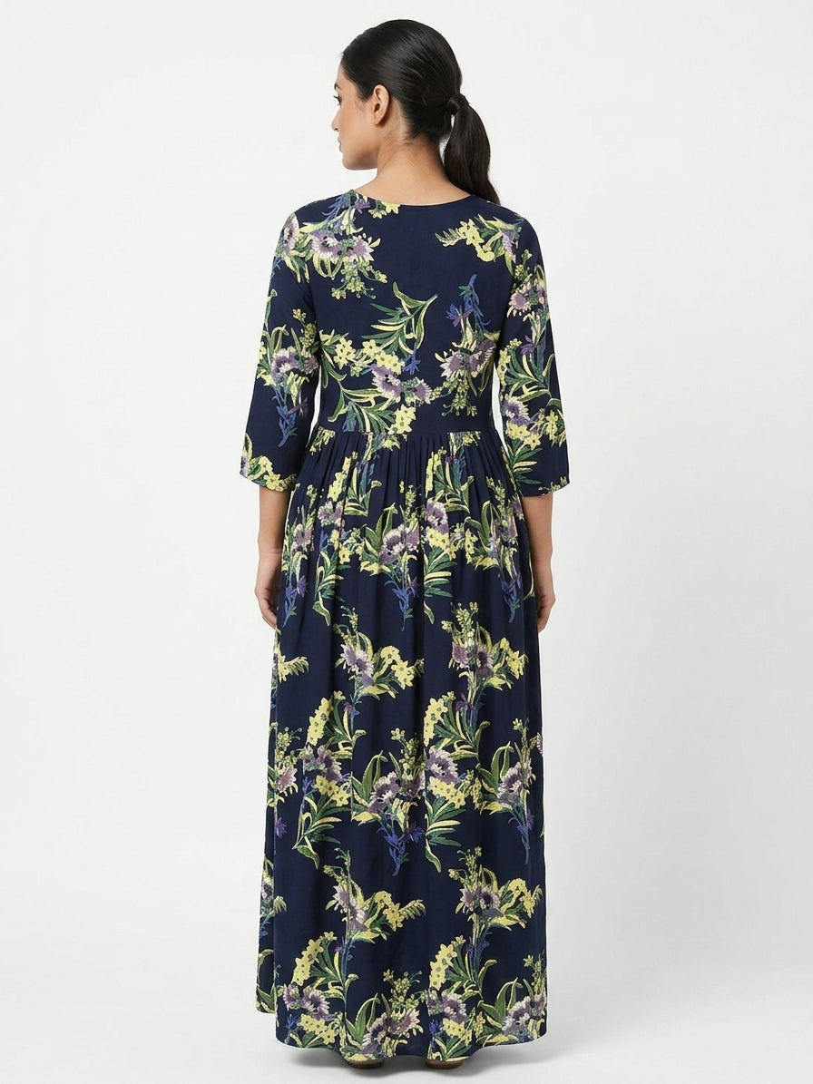 Dark Blue Floral Print Maxi Dress