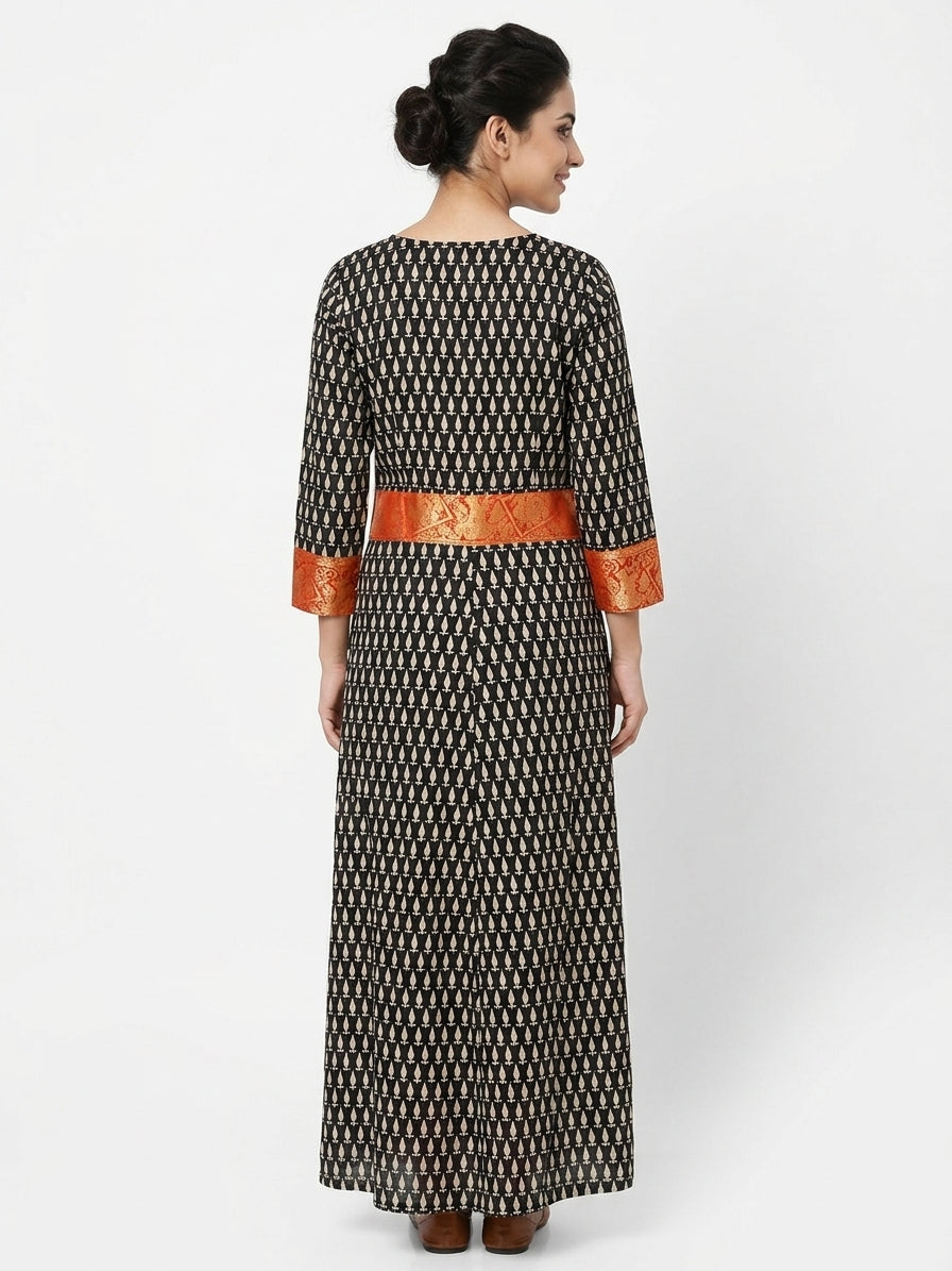 Black Printed Kurti with Orange Ethnic Border