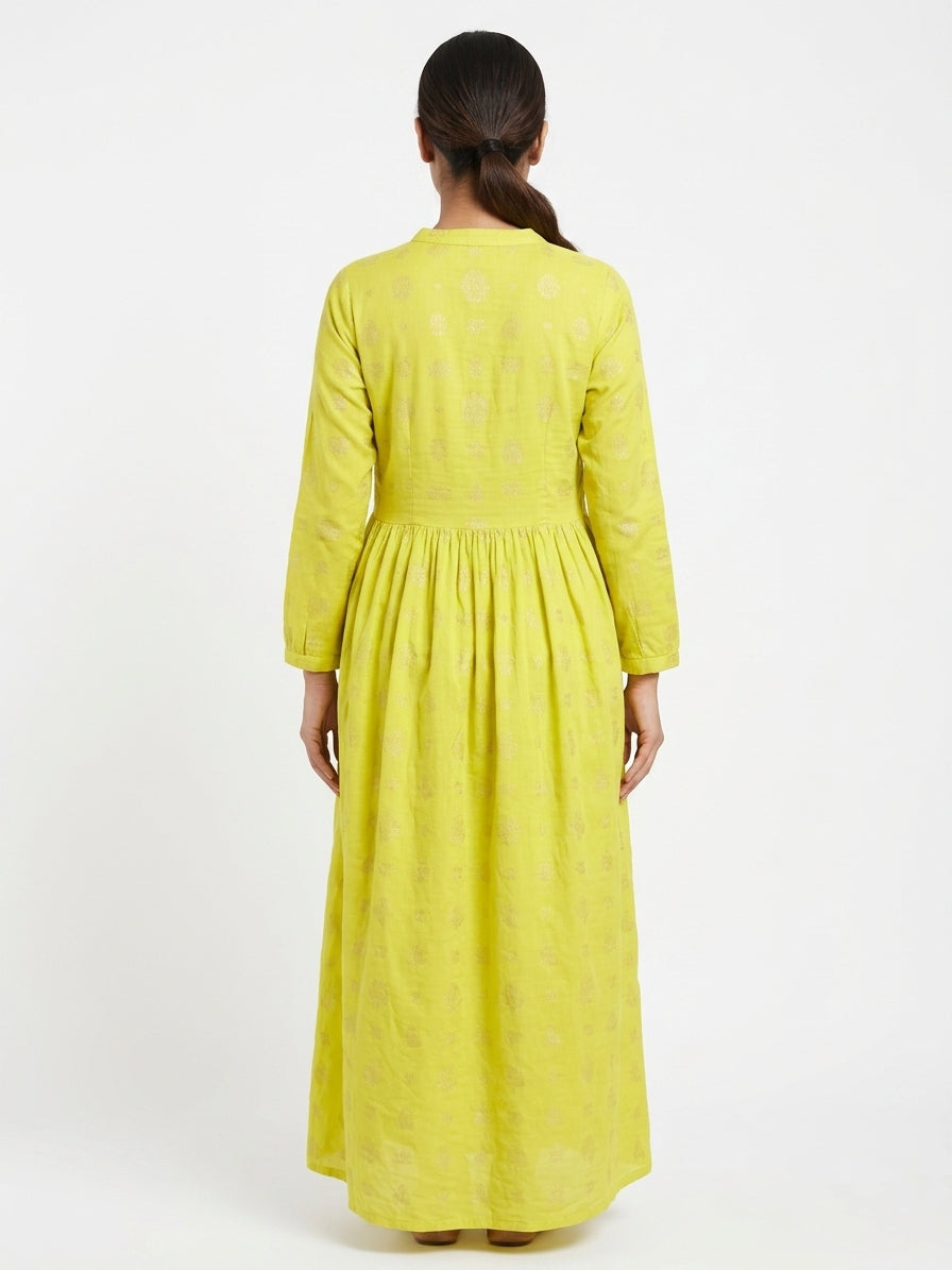 Lemon Yellow Printed Flared Casual Dress