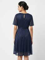 Women's Dark Blue Textured Shimmer A-Line Dress