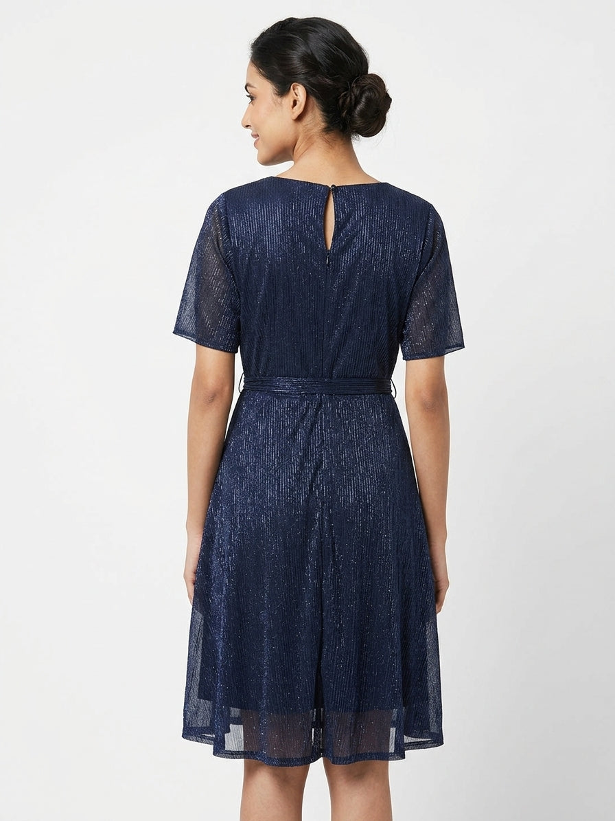 Women's Dark Blue Textured Shimmer A-Line Dress