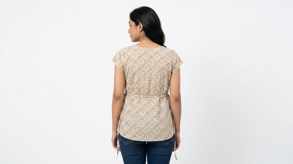 Beige Floral Print Regular Fit Top