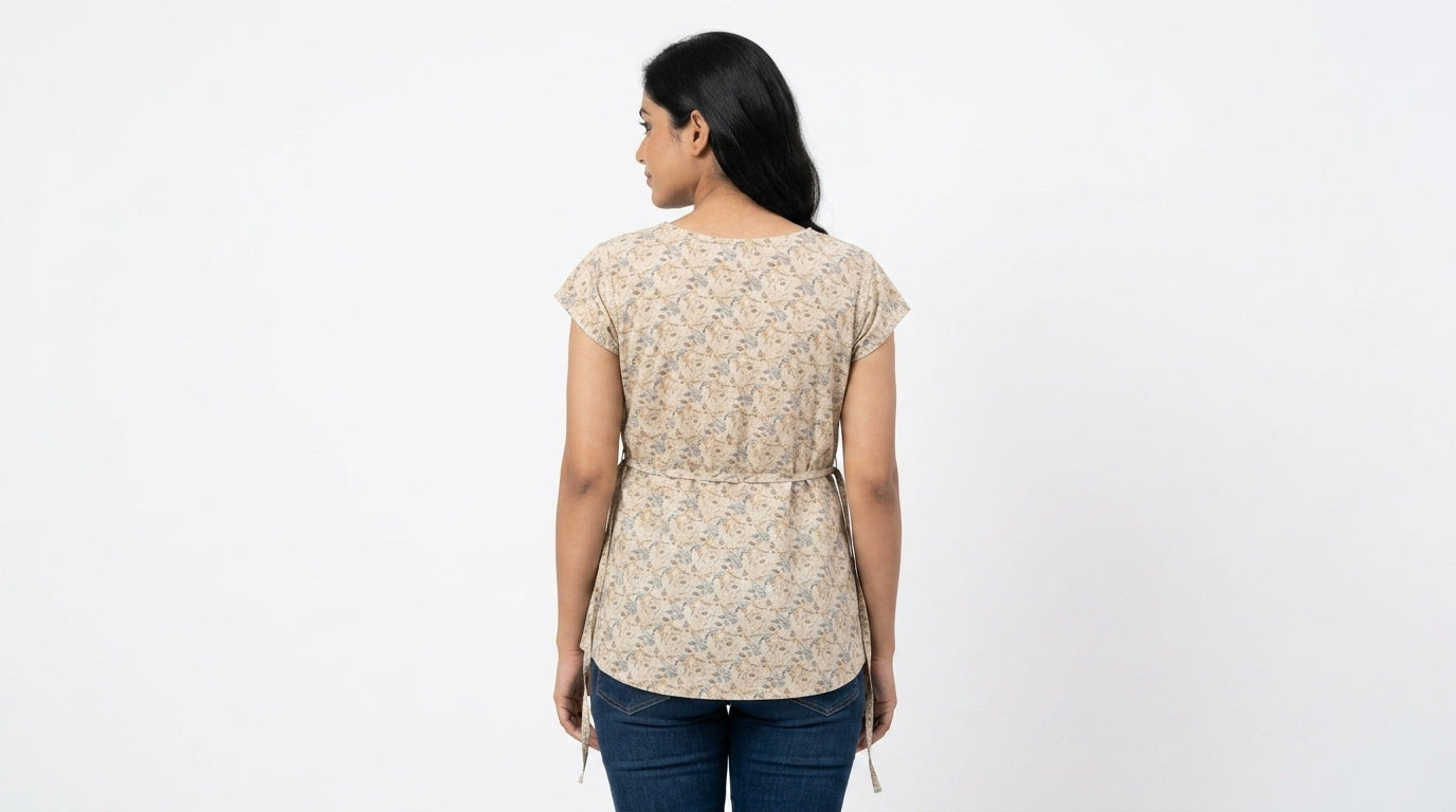 Beige Floral Print Regular Fit Top