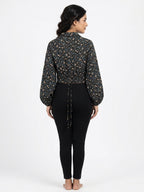 Women's Black Floral Print Collared Crop Top