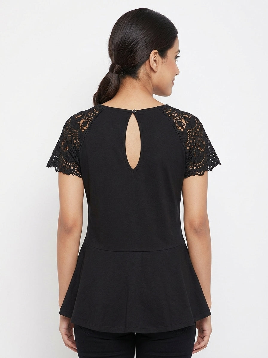 Black Embellished Peplum Top with Lace Sleeves