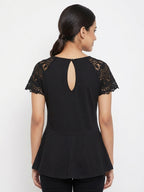 Black Embellished Peplum Top with Lace Sleeves