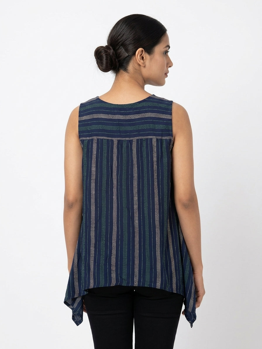 Navy Blue Striped Flared Sleeveless Top