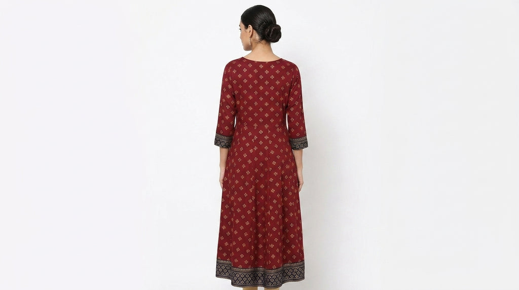 Wine Printed Flared Kurti with Embellished Neckline