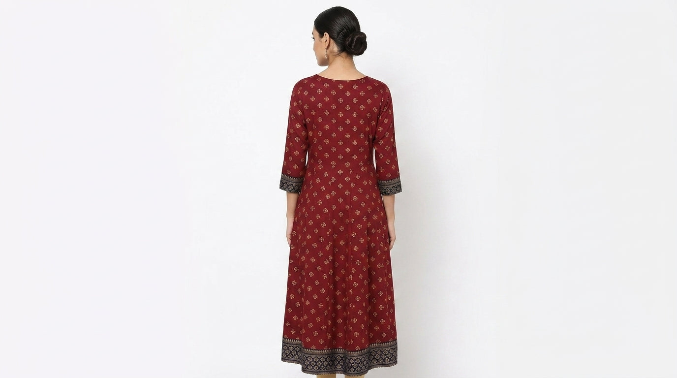 Wine Printed Flared Kurti with Embellished Neckline