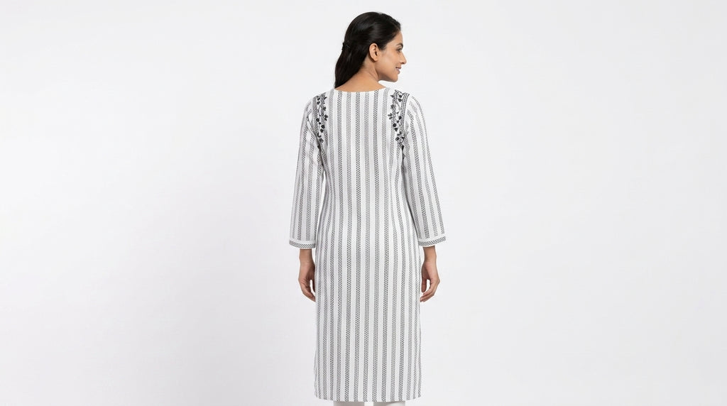 White Striped Embroidered Kurti