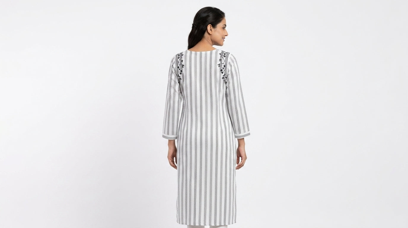 White Striped Embroidered Kurti