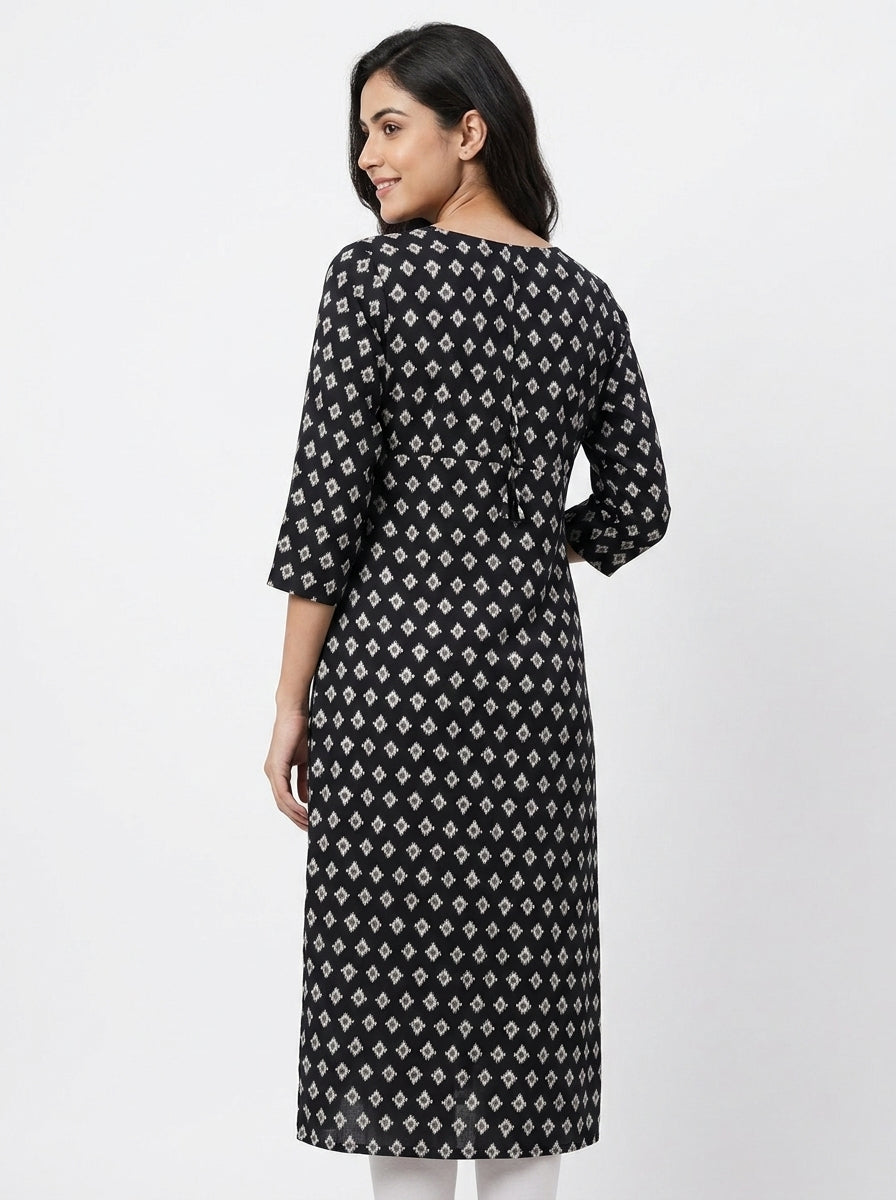 Black Printed Rayon Kurti with Tassel Detail