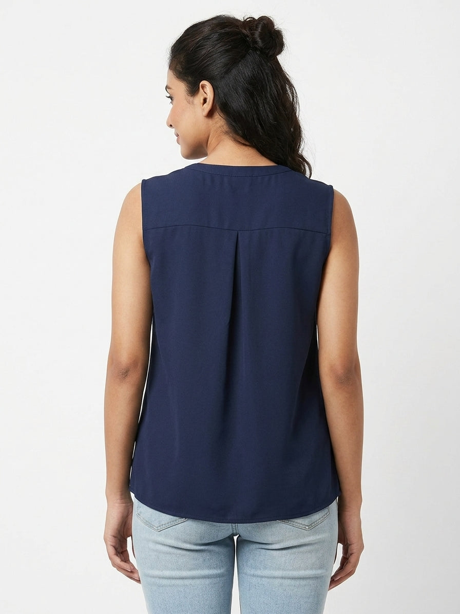 Women's Dark Blue Solid Relaxed Fit Sleeveless Top