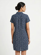 Dark Blue Floral Print Casual Shirt Dress