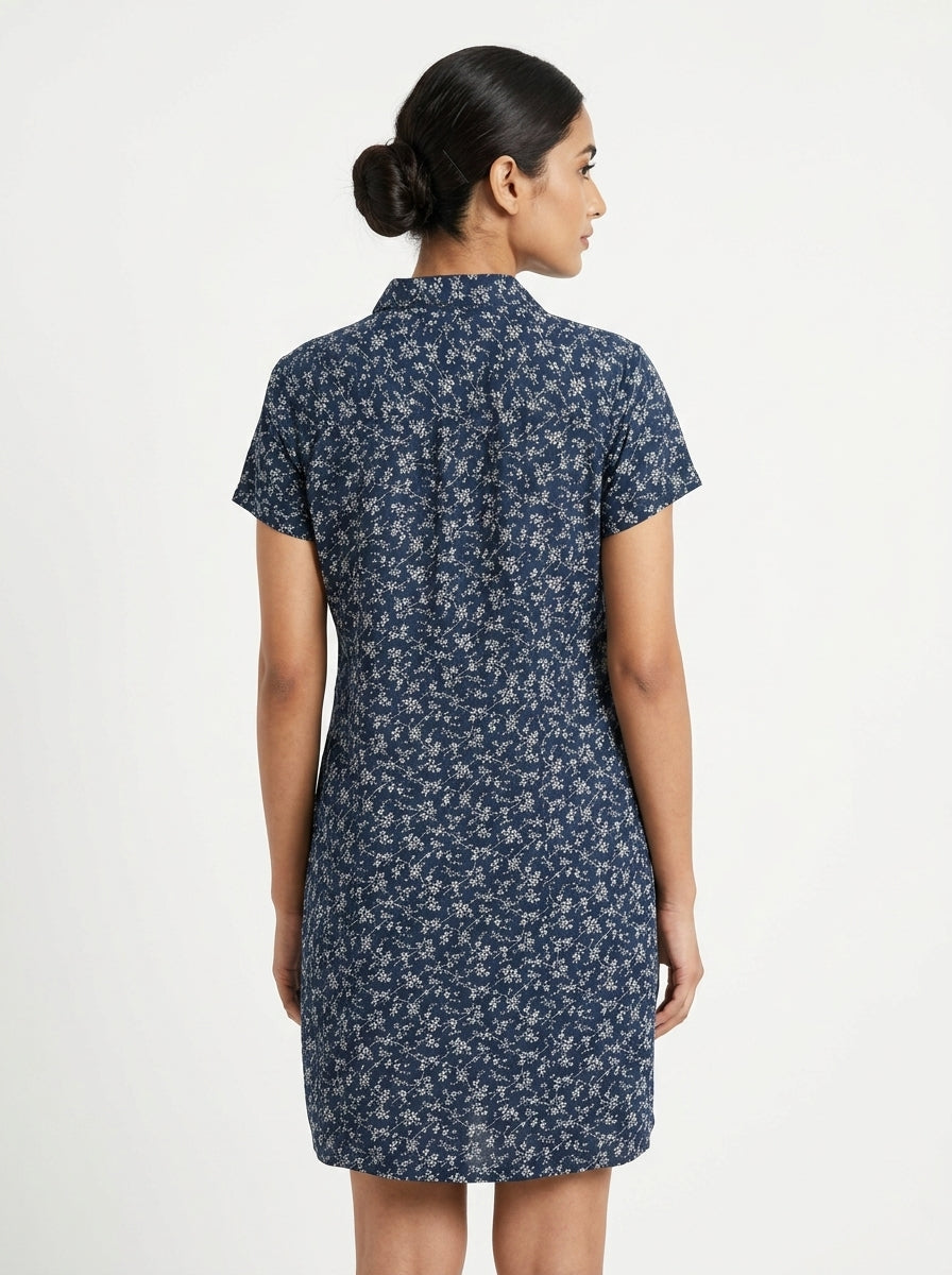Dark Blue Floral Print Casual Shirt Dress