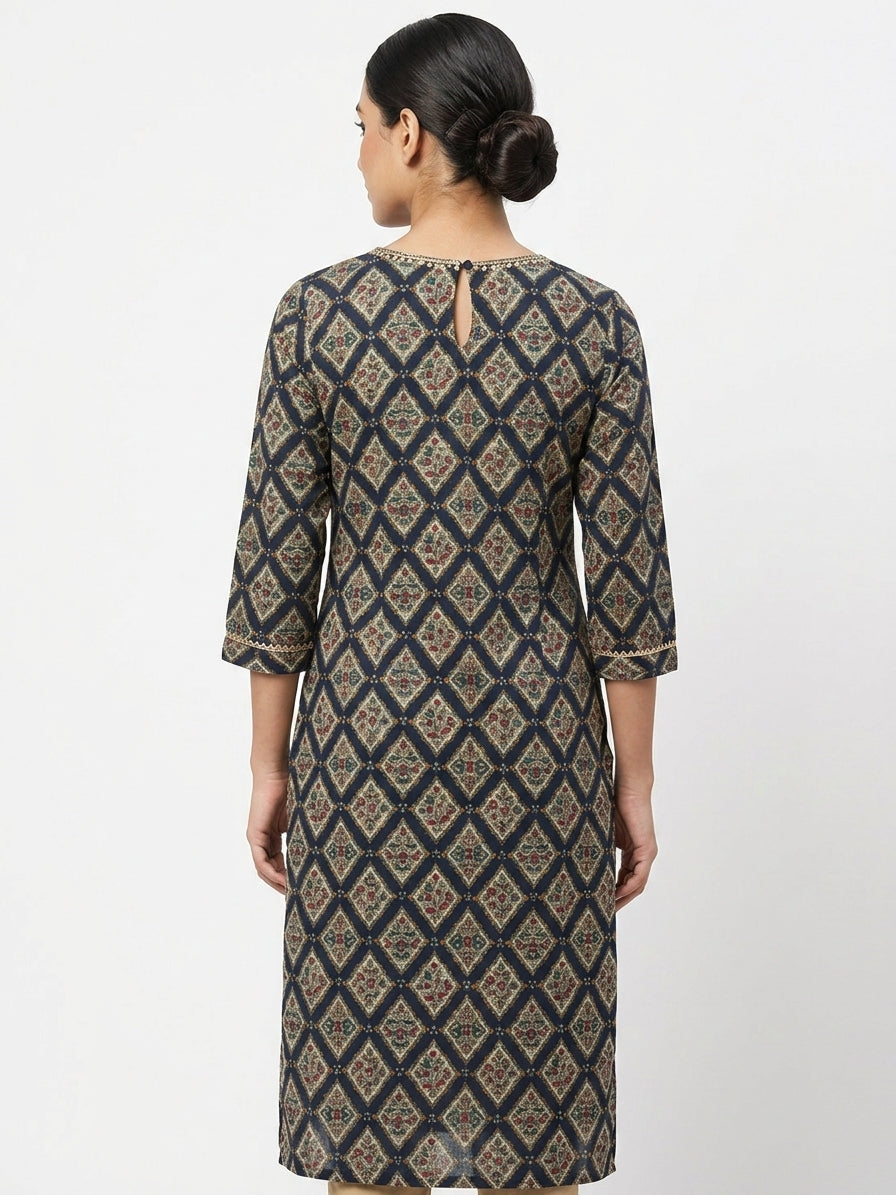 Women's Navy Ethnic Print Embellished Straight Kurti