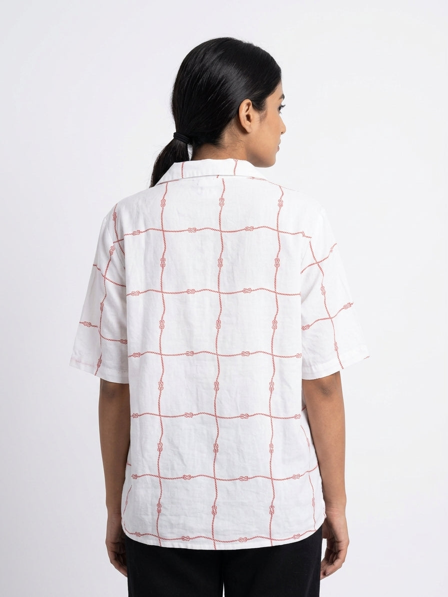 White & Red Knot-Grid Print Casual Shirt