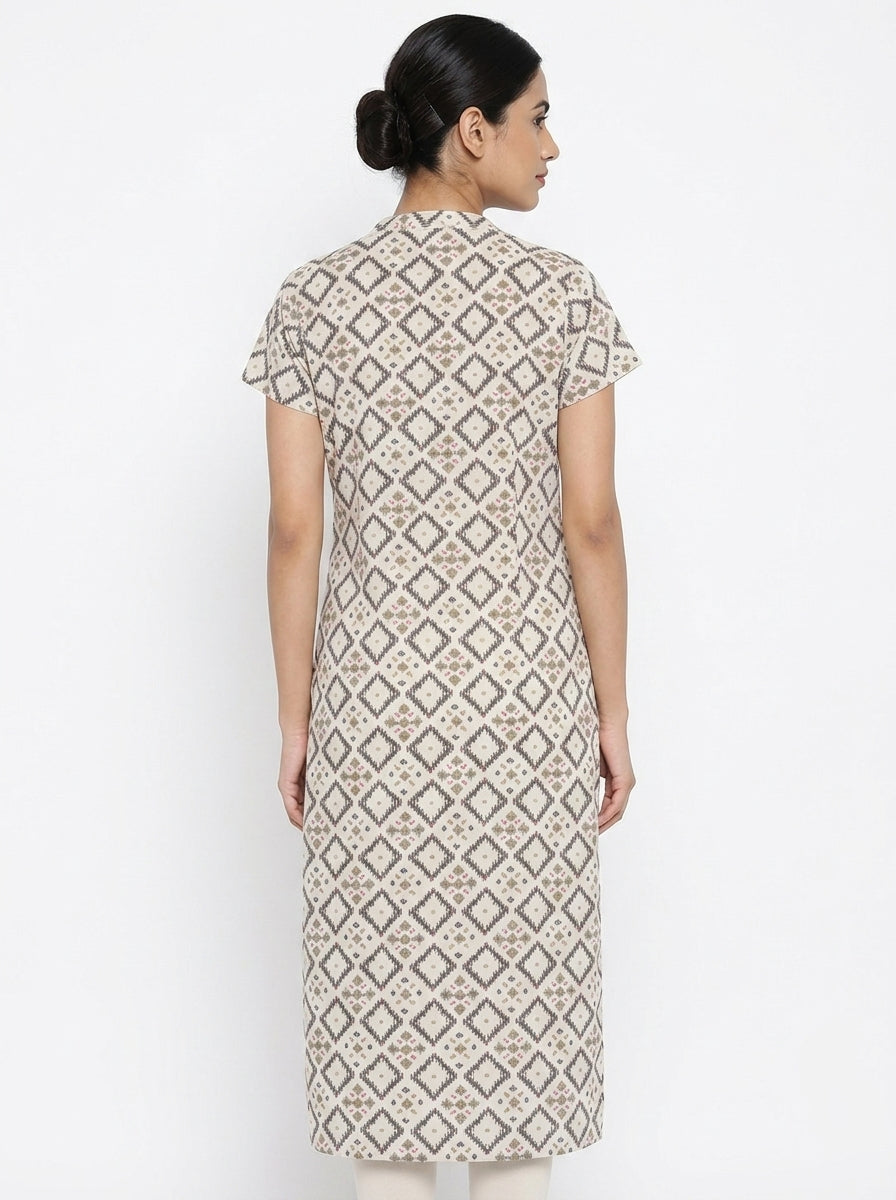 Off White Geometric Print Casual Kurti