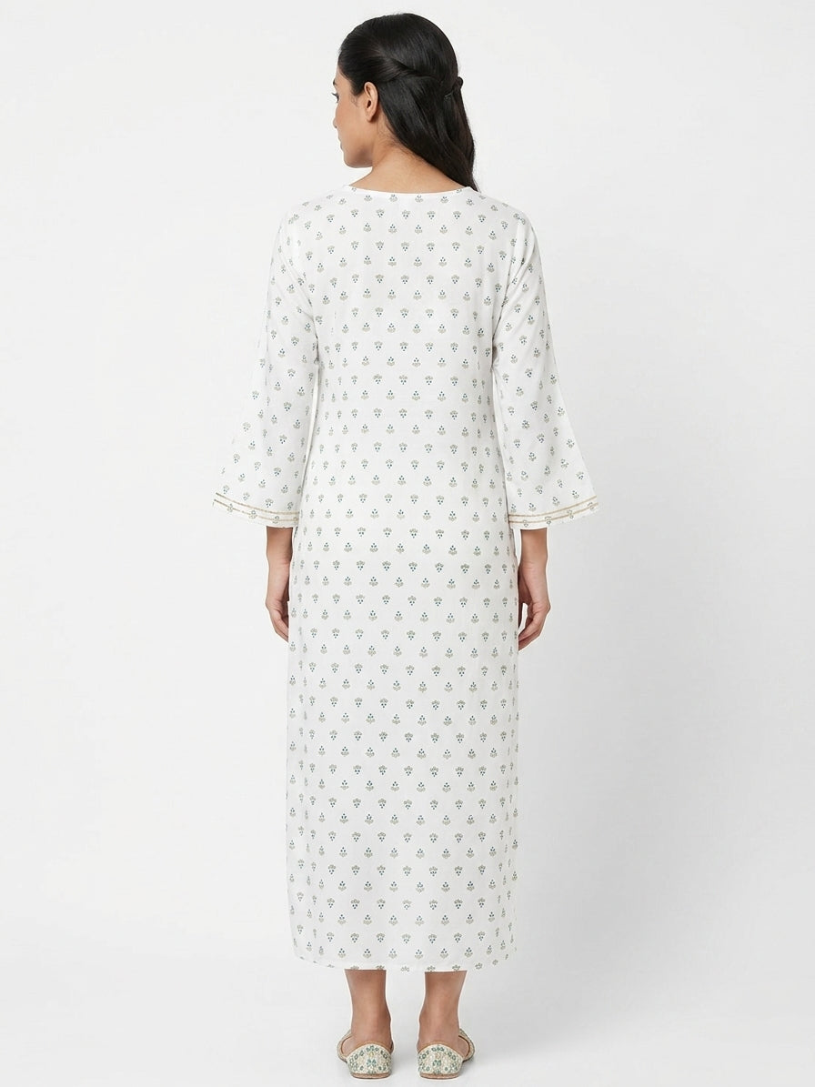 Women's White Ethnic Print Viscose Straight Kurti