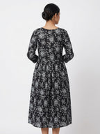 Black Printed Round Neck A-Line Dress
