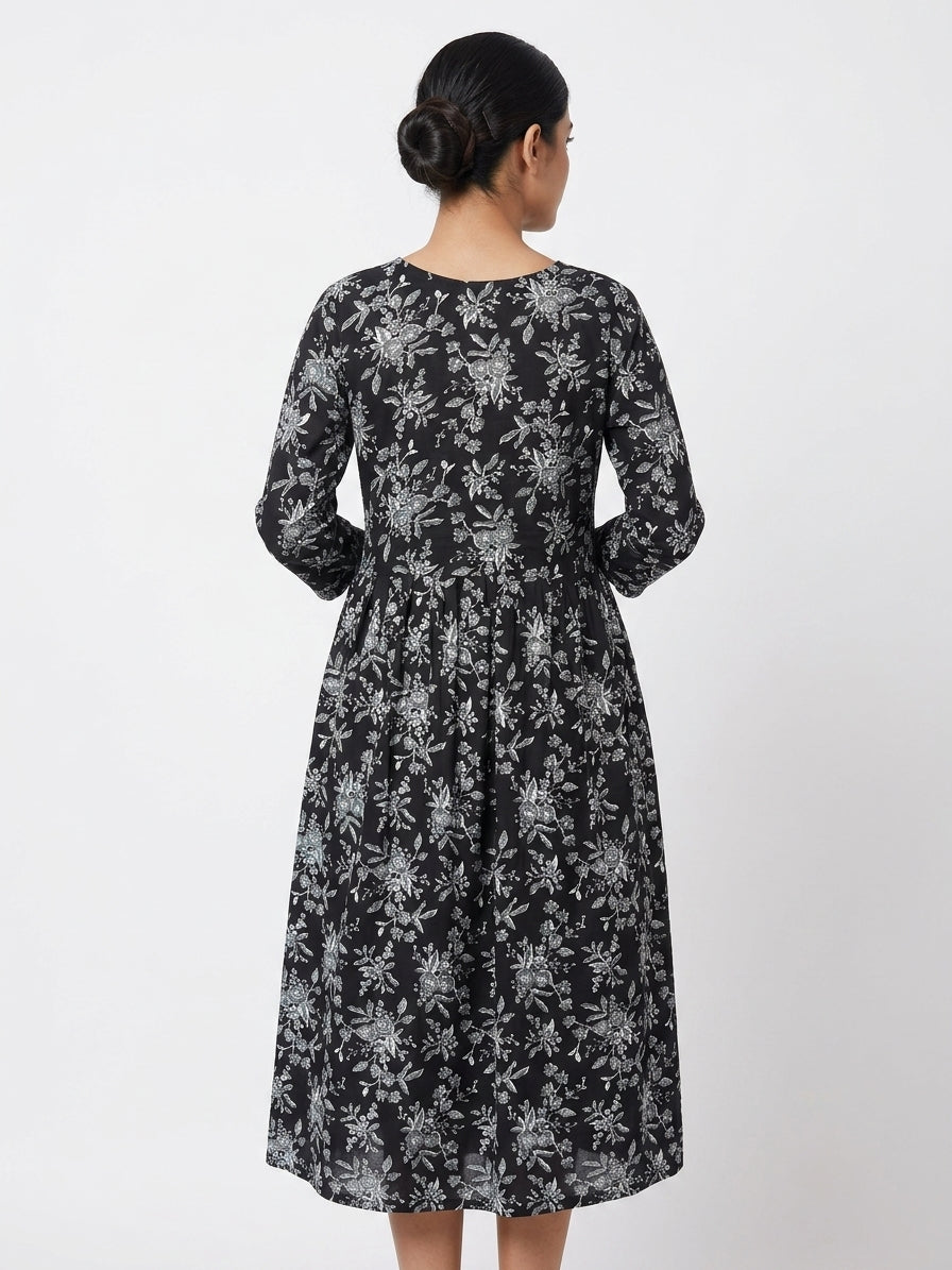 Black Printed Round Neck A-Line Dress