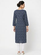 Dark Blue  Ethnic Print Kurti with Embellished Yoke