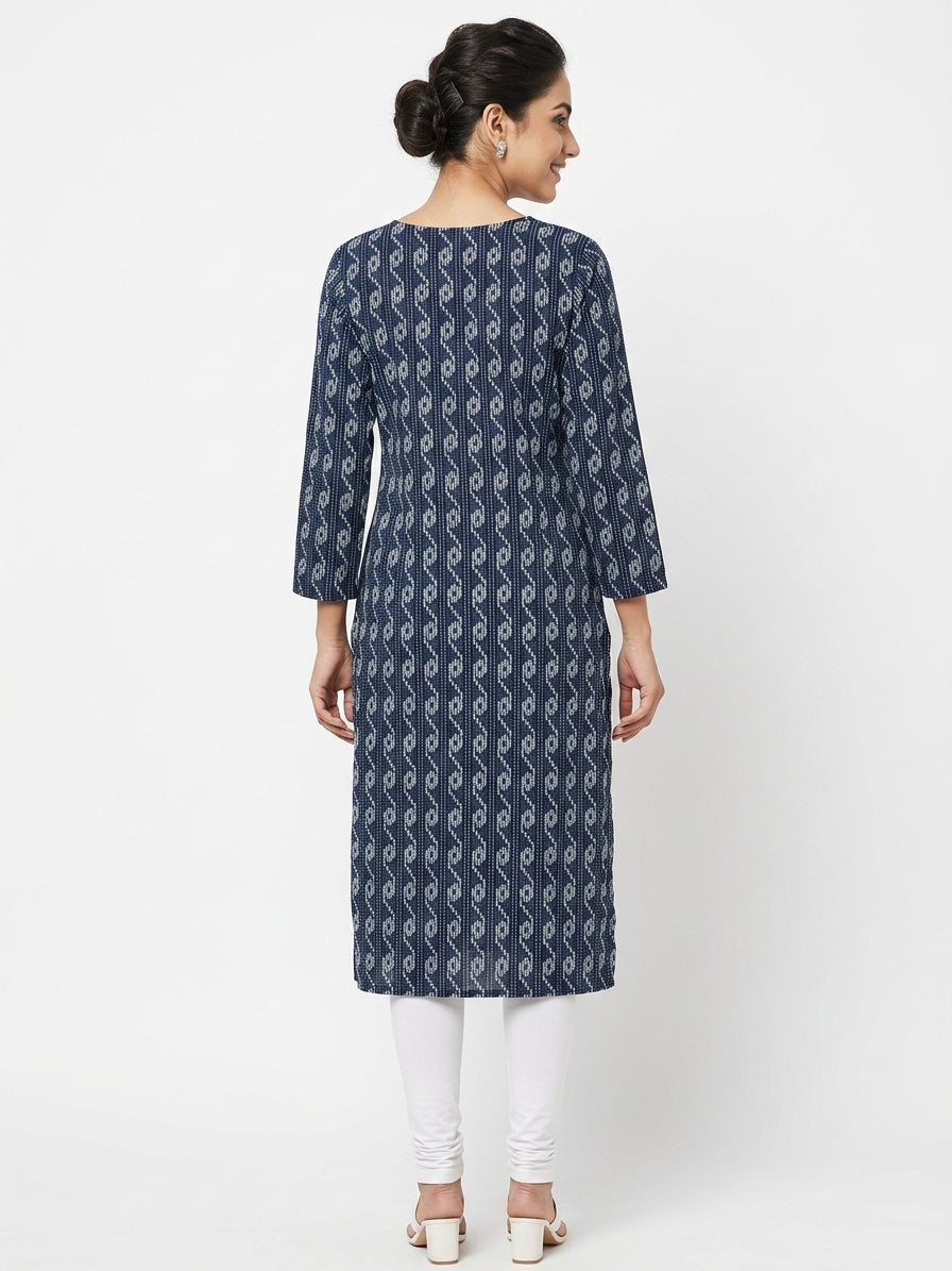 Dark Blue  Ethnic Print Kurti with Embellished Yoke