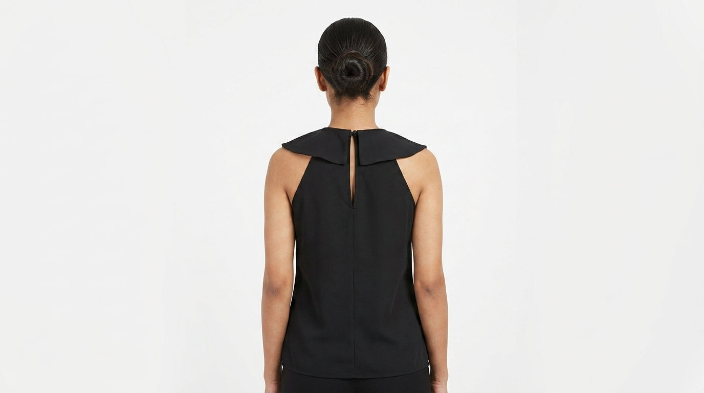 Black Solid Sleeveless Bow Neck Top