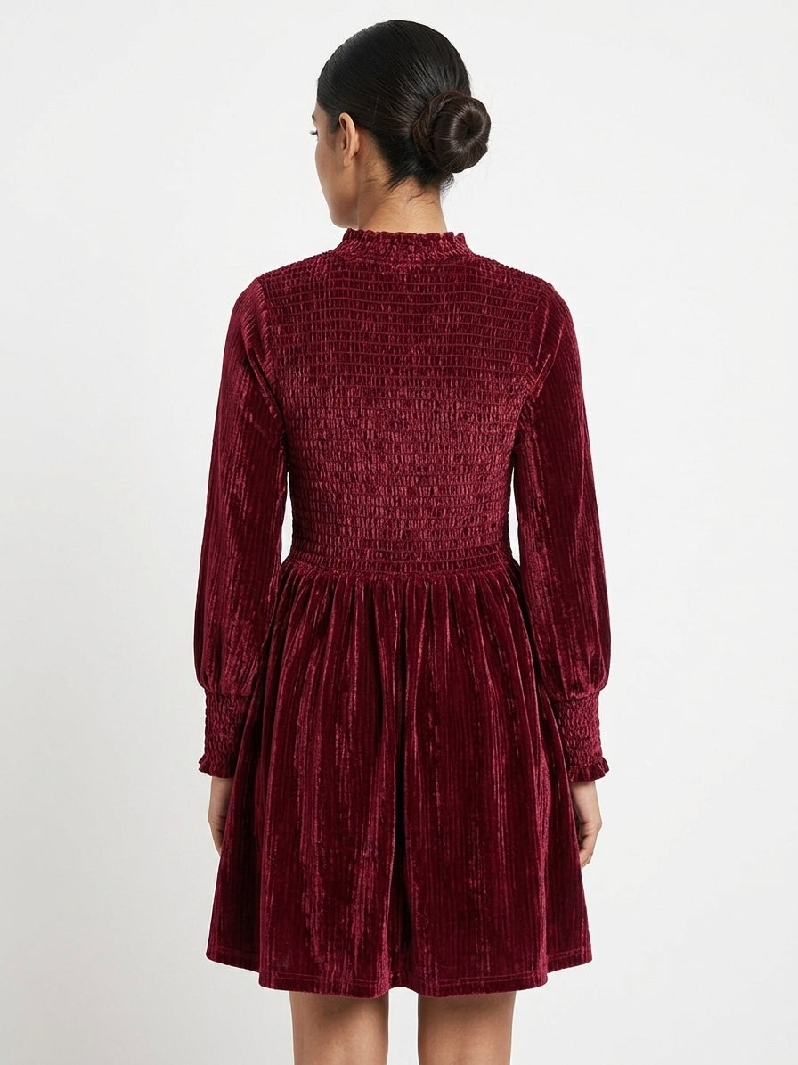 Women's Wine Textured Velvet Smocked Flared Dress