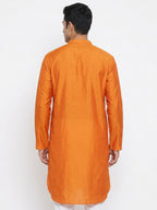 Men's Orange Solid Silk Kurta