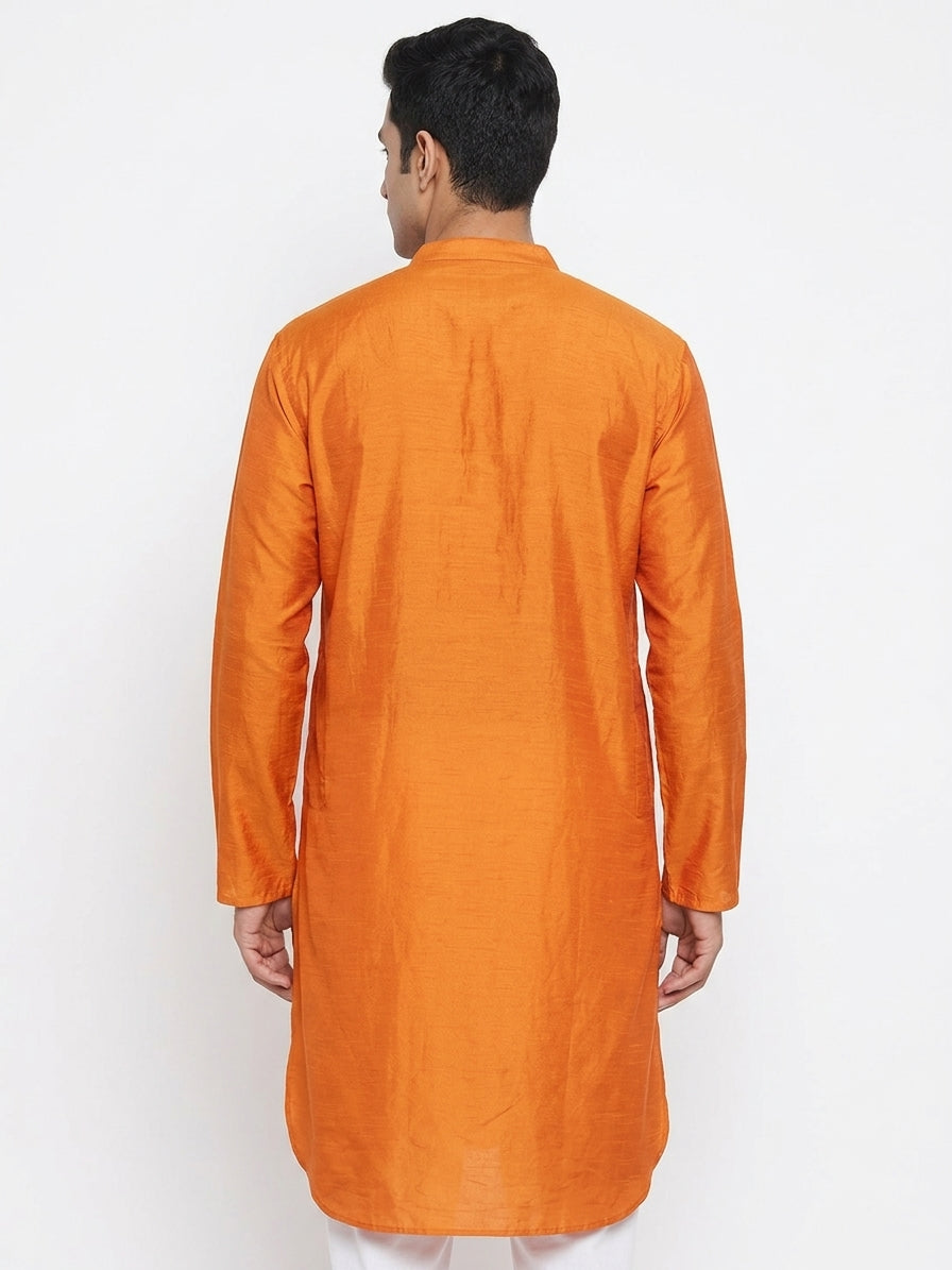 Men's Orange Solid Silk Kurta
