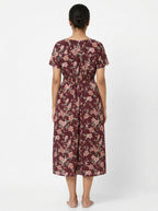 Women's Maroon Floral Printed V-Neck Midi Dress