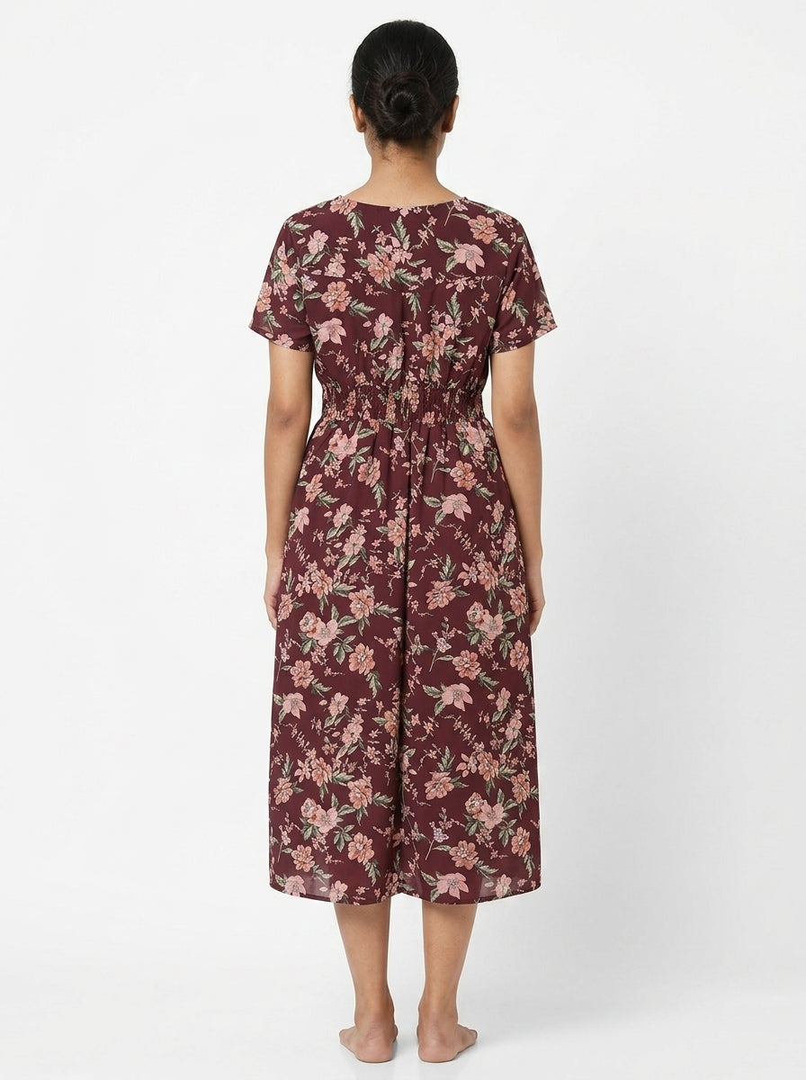 Women's Maroon Floral Printed V-Neck Midi Dress