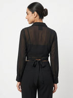 Women's Black Tie-Front Button-Up Long Sleeve Top