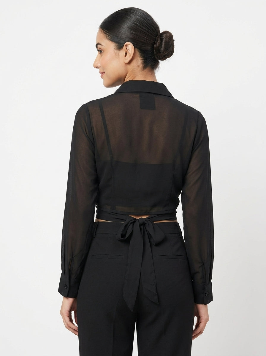 Women's Black Tie-Front Button-Up Long Sleeve Top