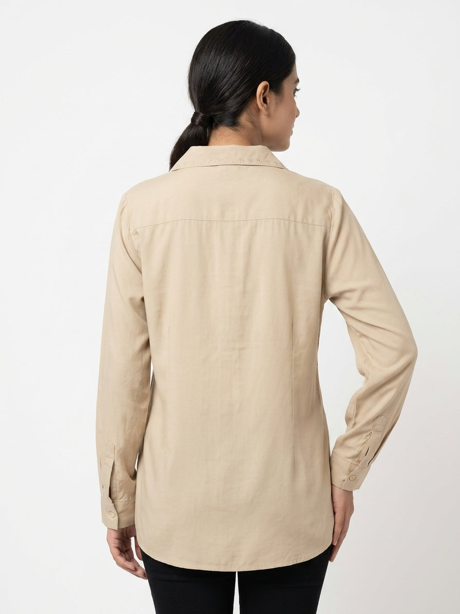 Beige Solid Regular Fit Casual Shirt