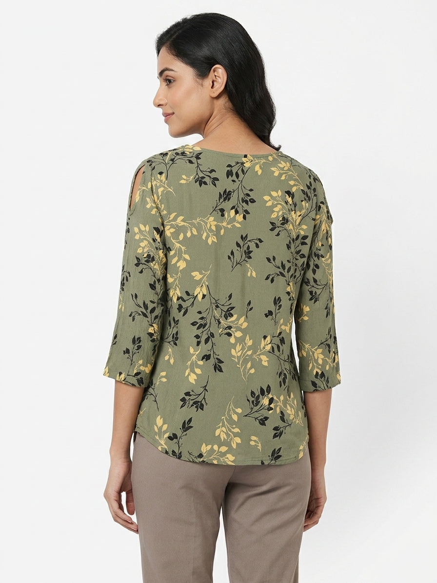 Olive Green Floral Printed Rayon Top