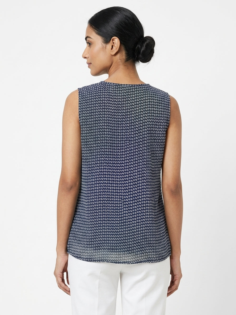 Women's Dark Blue Printed Sleeveless Ruffle Top