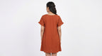 Women's Rust A-line Solid Dress with Ruffled Sleeves