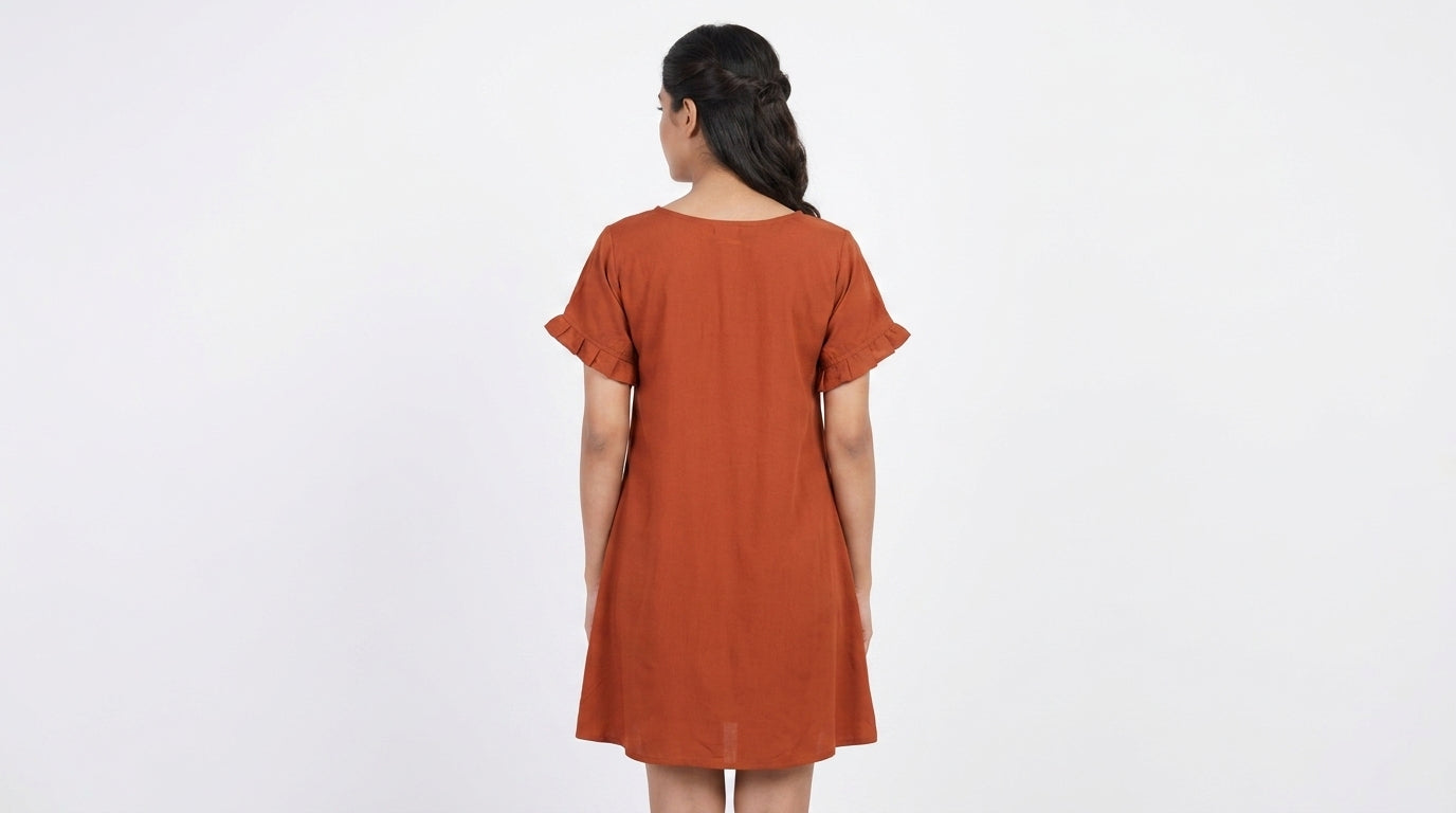 Women's Rust A-line Solid Dress with Ruffled Sleeves