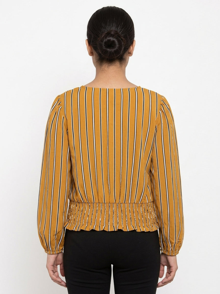 Mustard Striped Shirred Waist V-Neck Top