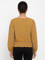 Mustard Striped Shirred Waist V-Neck Top