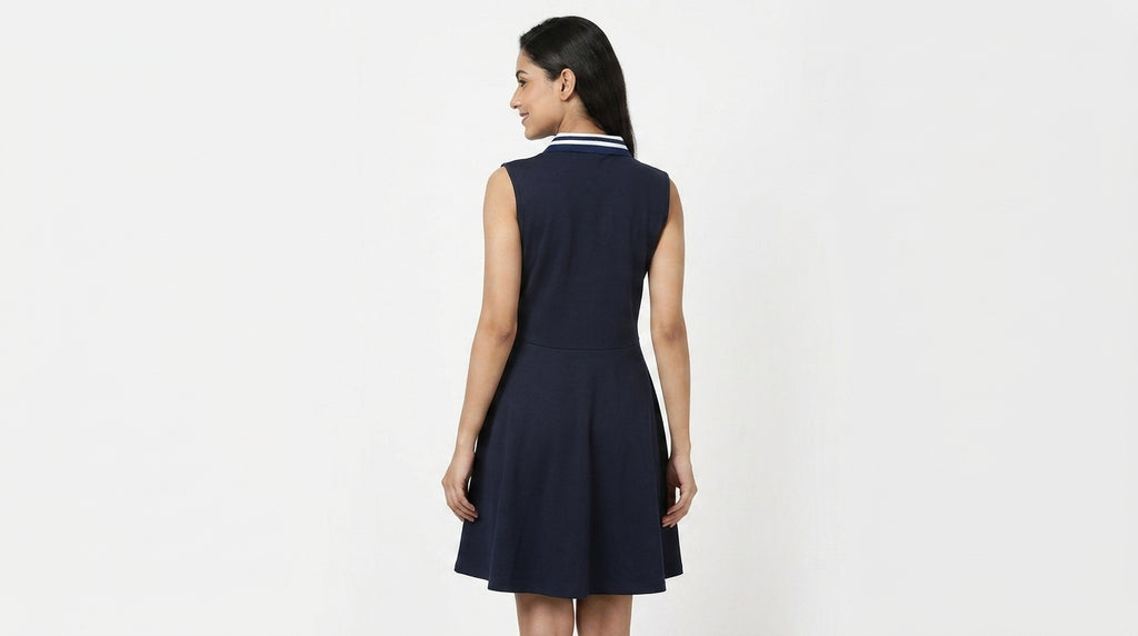 Women's Navy Solid Collared Flared Dress