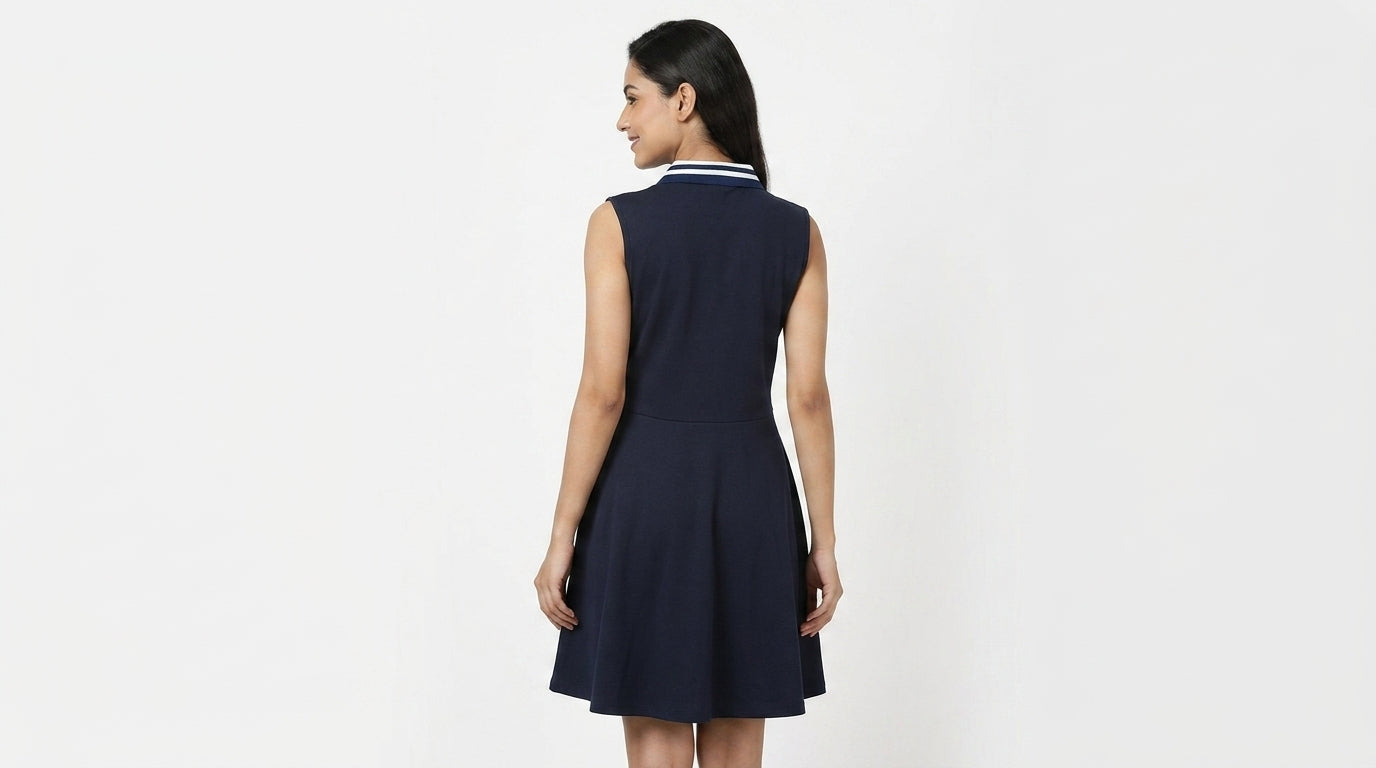 Women's Navy Solid Collared Flared Dress