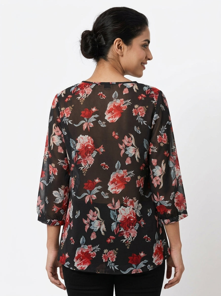 Black Floral Print Regular Fit Top