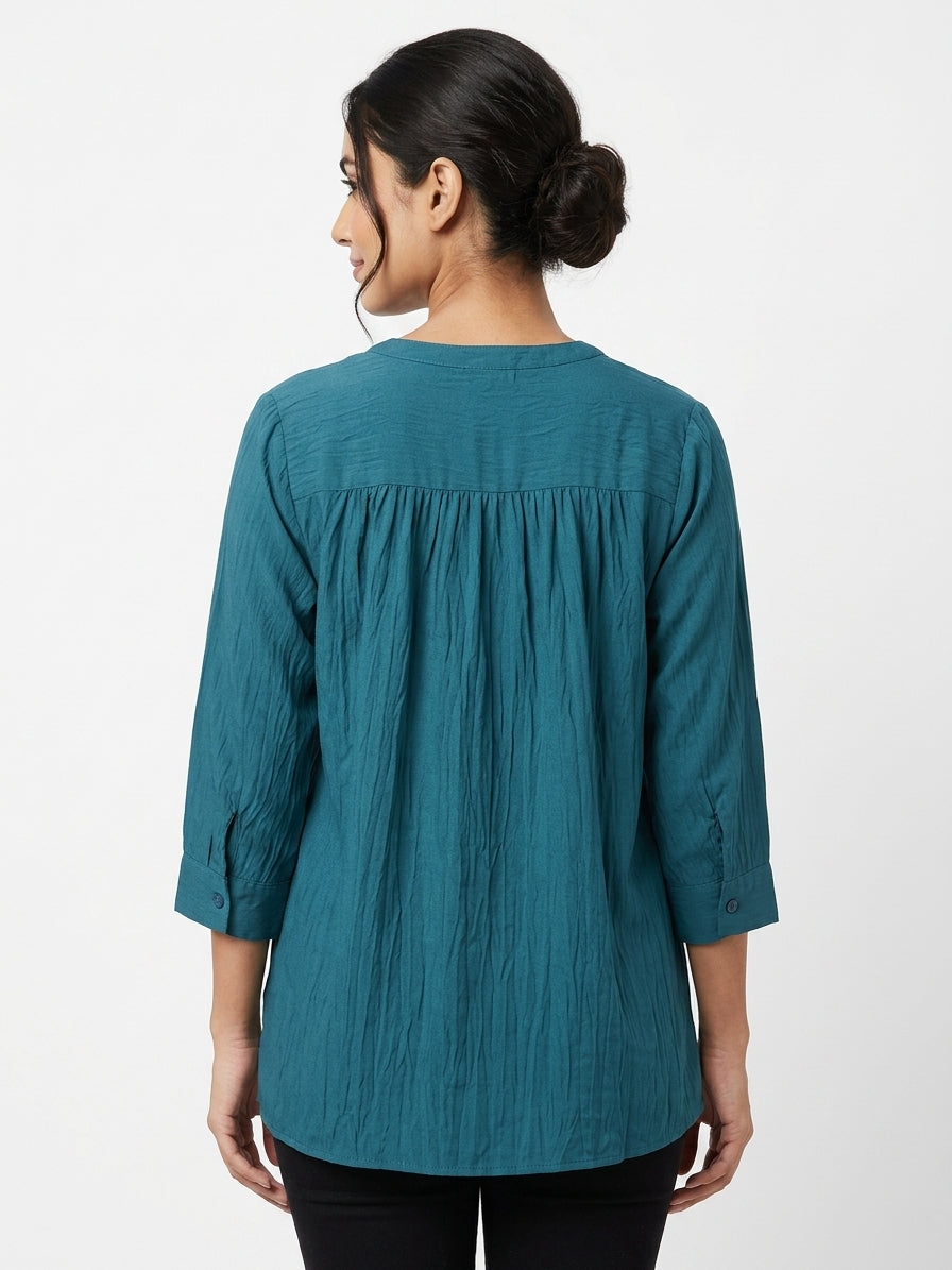 Women's Teal Crinkled Relaxed Fit Tunic Top