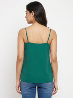 Green Solid V-Neck Cami Top with Button Detail