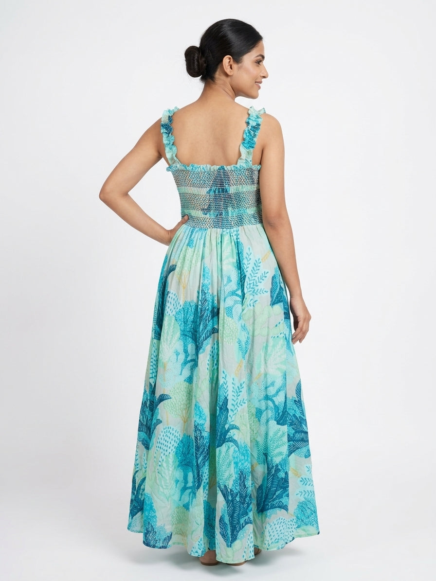 Women's Multi-Color Botanical Print Smocked Flared Dress